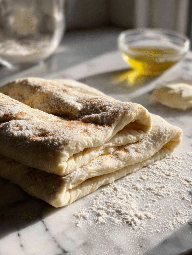 Puff pastry rolled out and sprinkled with cinnamon sugar