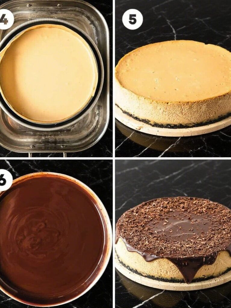 Final presentation of coffee cheesecake with ganache