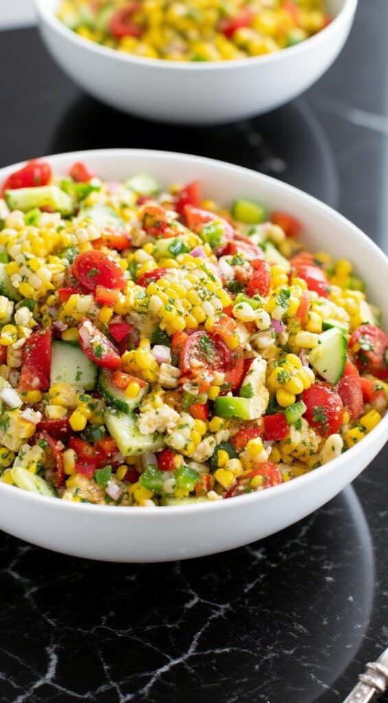 Fresh corn salad with tomatoes, peppers, and Cotija cheese close-up