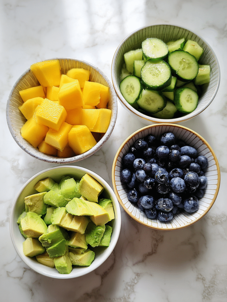 Fresh ingredients for Mango Cucumber Salad with Blueberries and Avocado