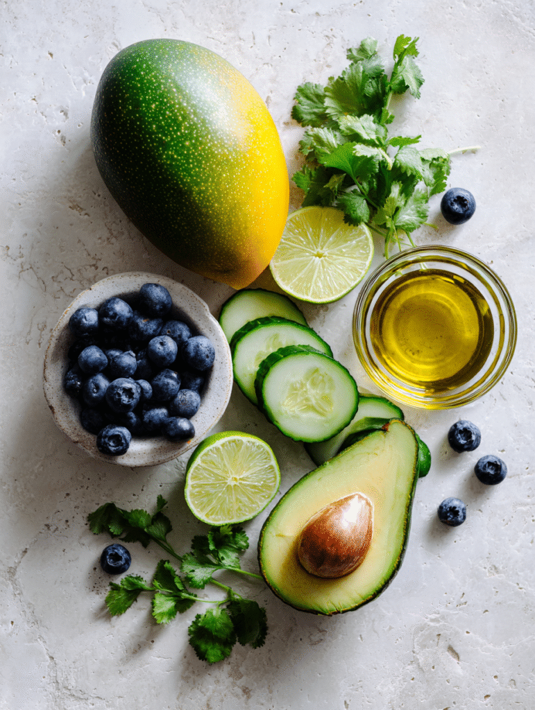Fresh ingredients for Mango Cucumber Salad with Blueberries and Avocado