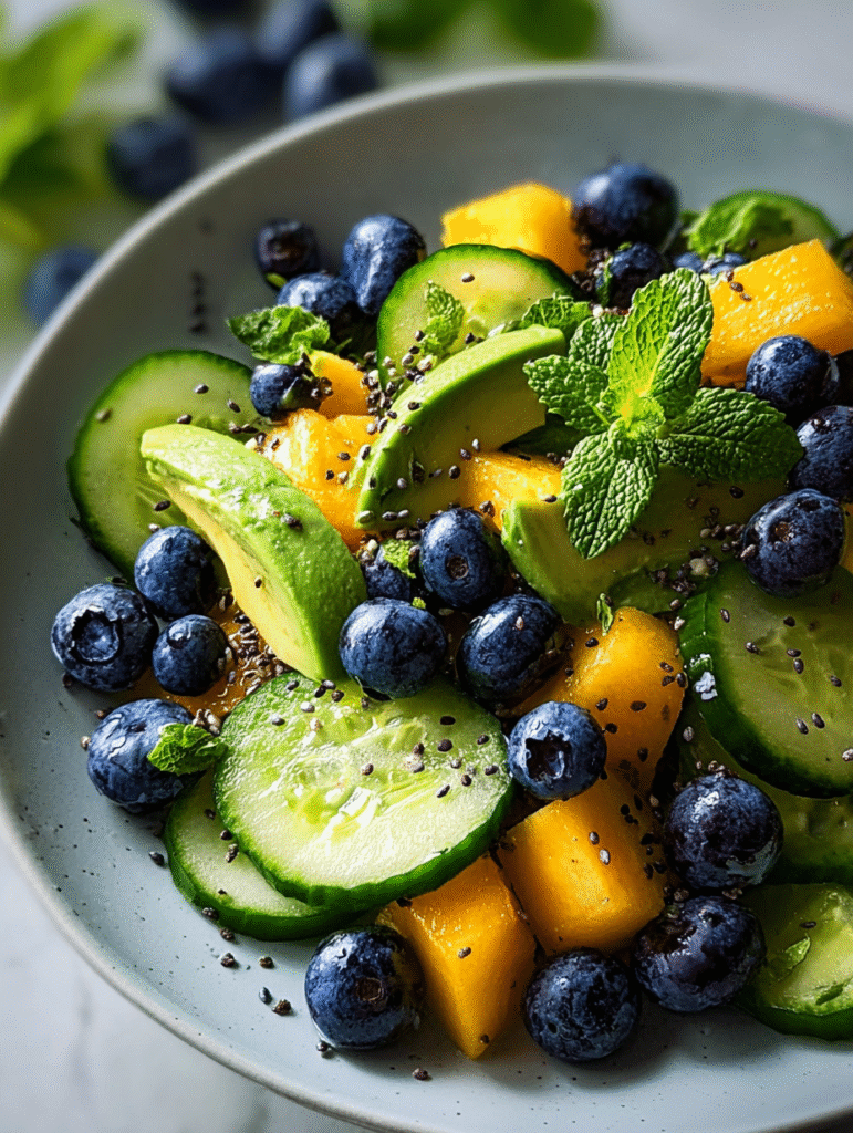 Fresh ingredients for Mango Cucumber Salad with Blueberries and Avocado