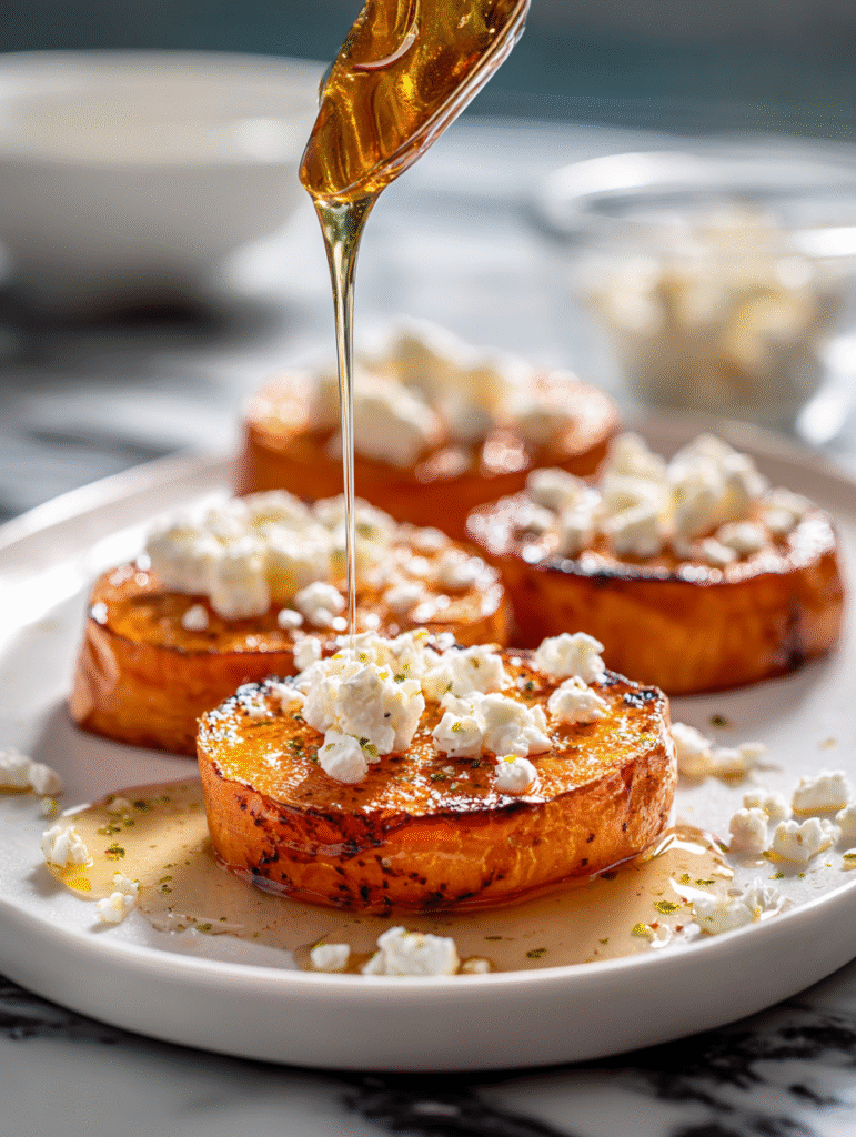Honey Feta Sweet Potato Rounds being garnished with feta and honey on a black marble countertop
