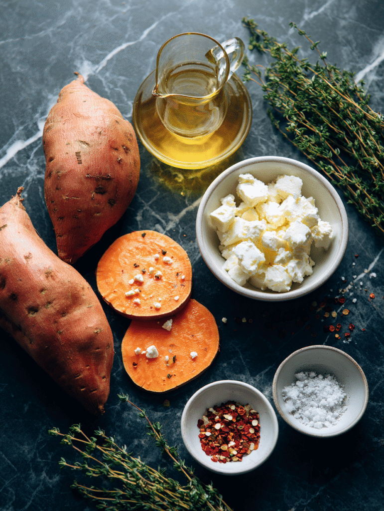 Overhead view of ingredients for Honey Feta Sweet Potato Rounds
