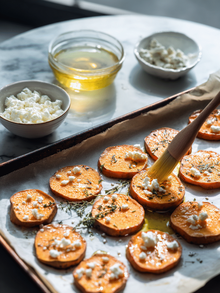 Sweet potato rounds brushed with olive oil, surrounded by bowls of feta cheese, honey, and herbs on a black marble countertop