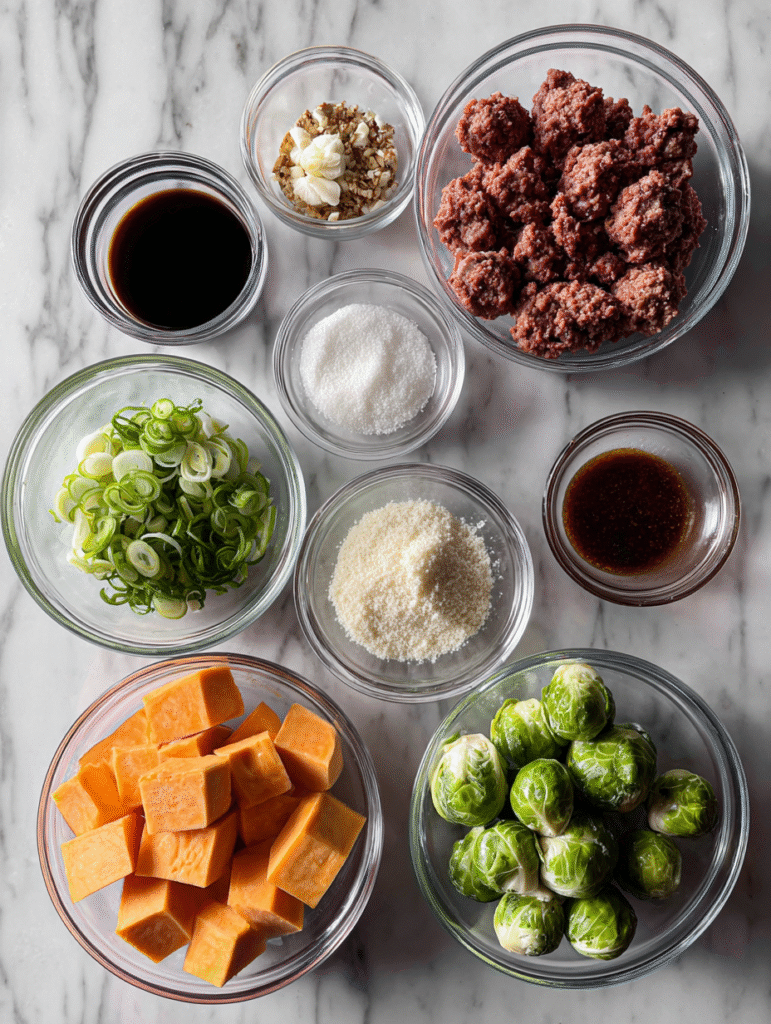 Ingredients for Korean BBQ meatballs with roasted vegetables