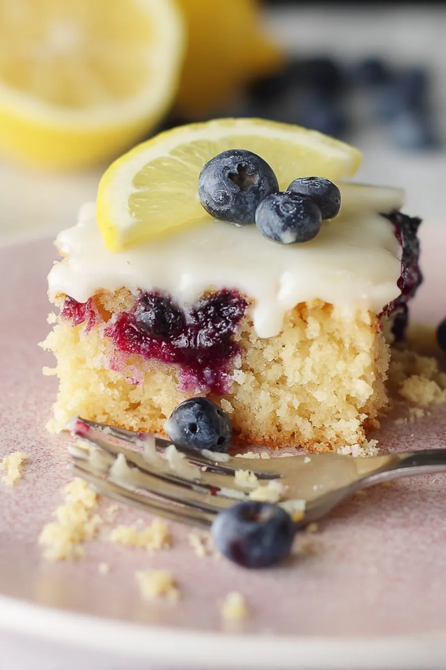 Lemon Blueberry Sheet Cake Slice on a White Plate