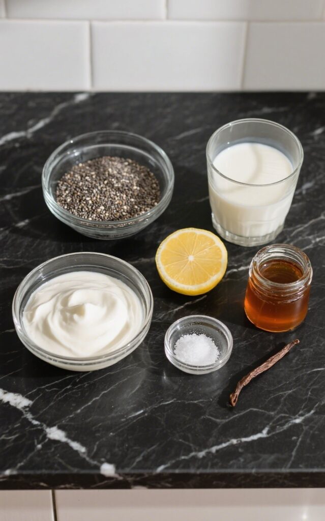 Ingredients for making lemon cream chia pudding