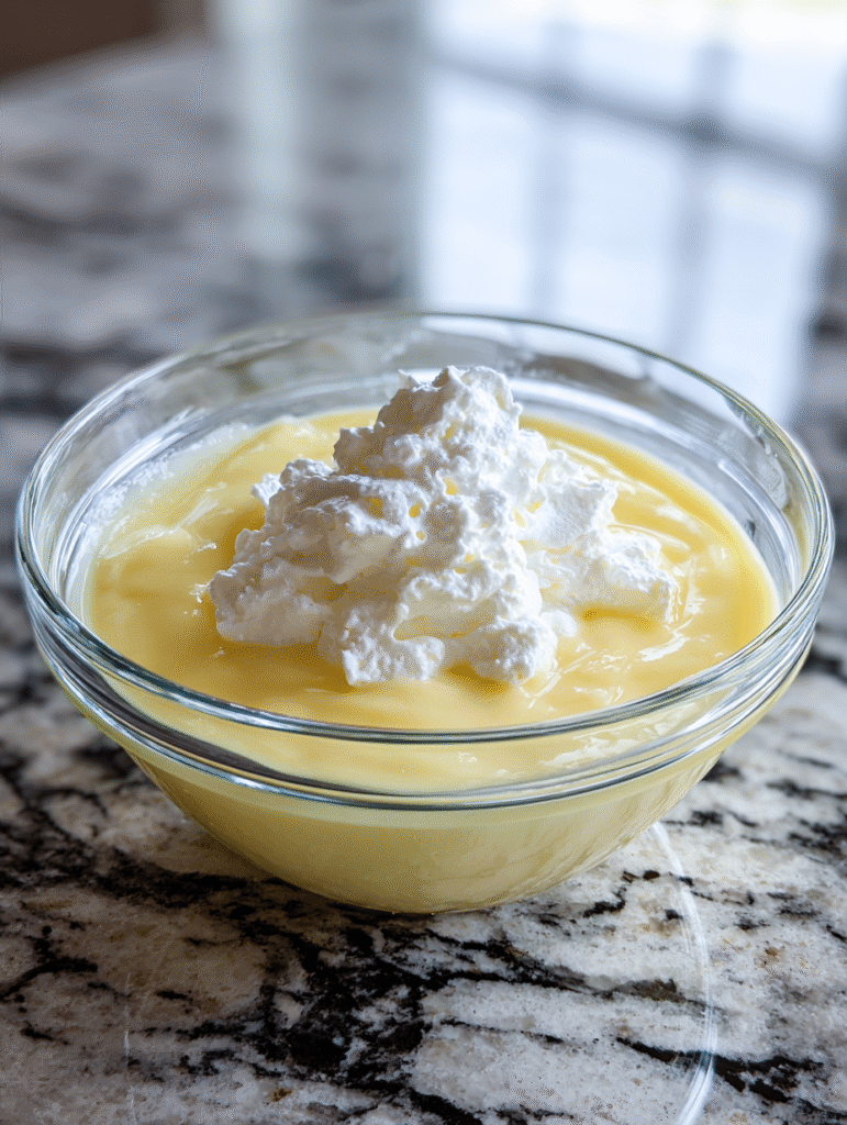 Lemon Curd Ice Cream preparation step – folding whipped cream into lemon curd in a glass bowl 