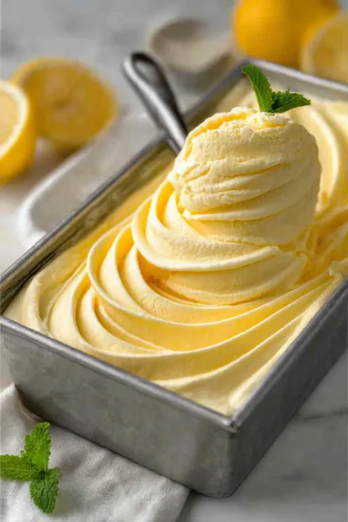 Lemon Curd Ice Cream in a Bowl with Fresh Lemons