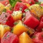 "Vibrant Peach Watermelon Salad Ready to Serve"