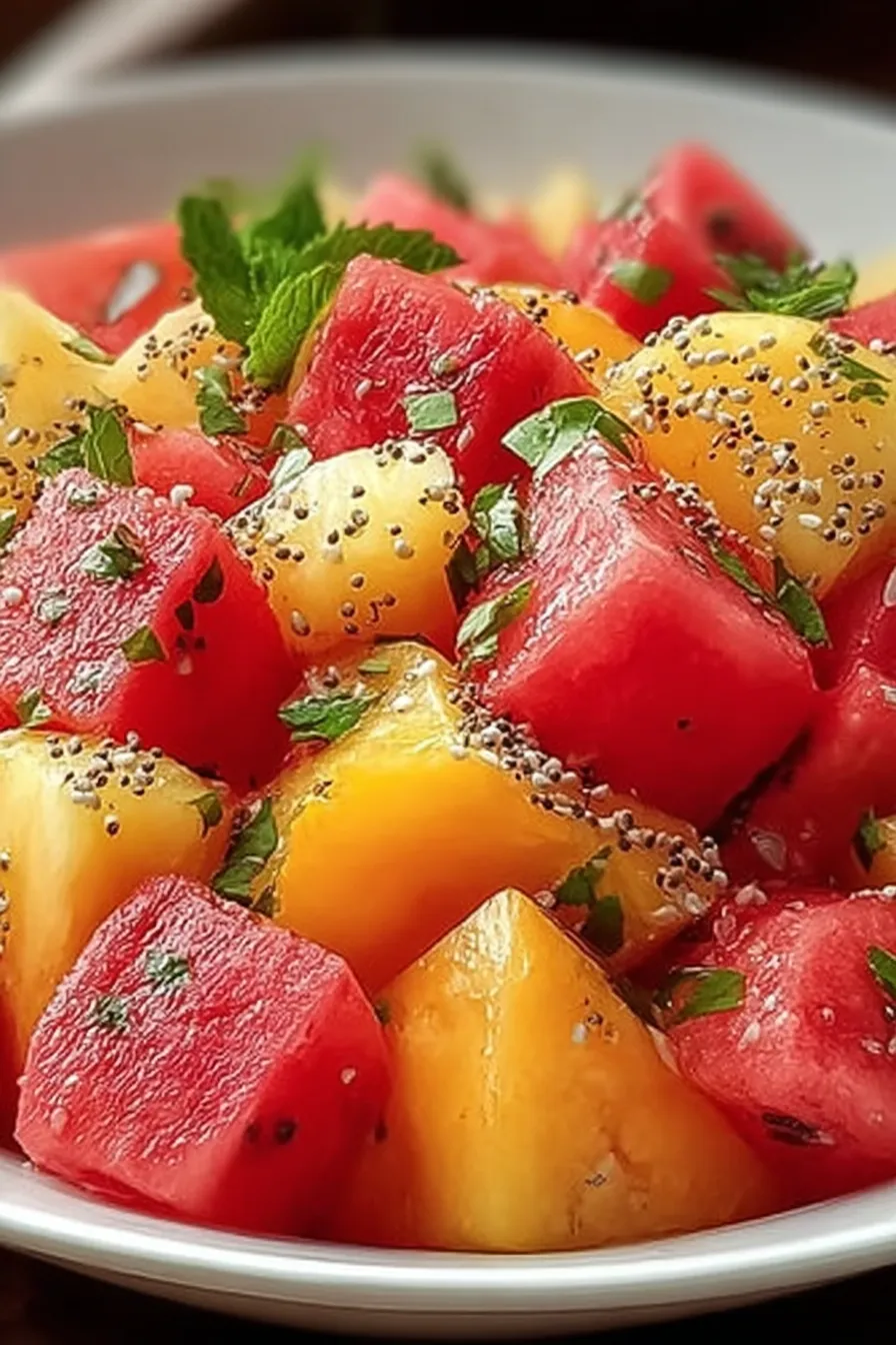 "Vibrant Peach Watermelon Salad Ready to Serve"