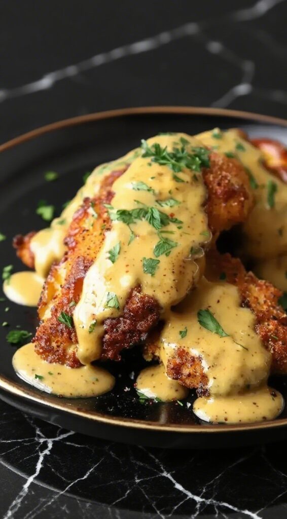 Crispy Pretzel Chicken with Mustard-Cheddar Sauce