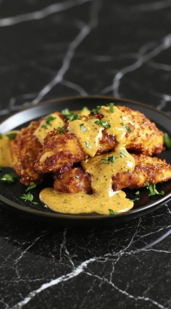 Crispy Pretzel Chicken with Mustard-Cheddar Sauce