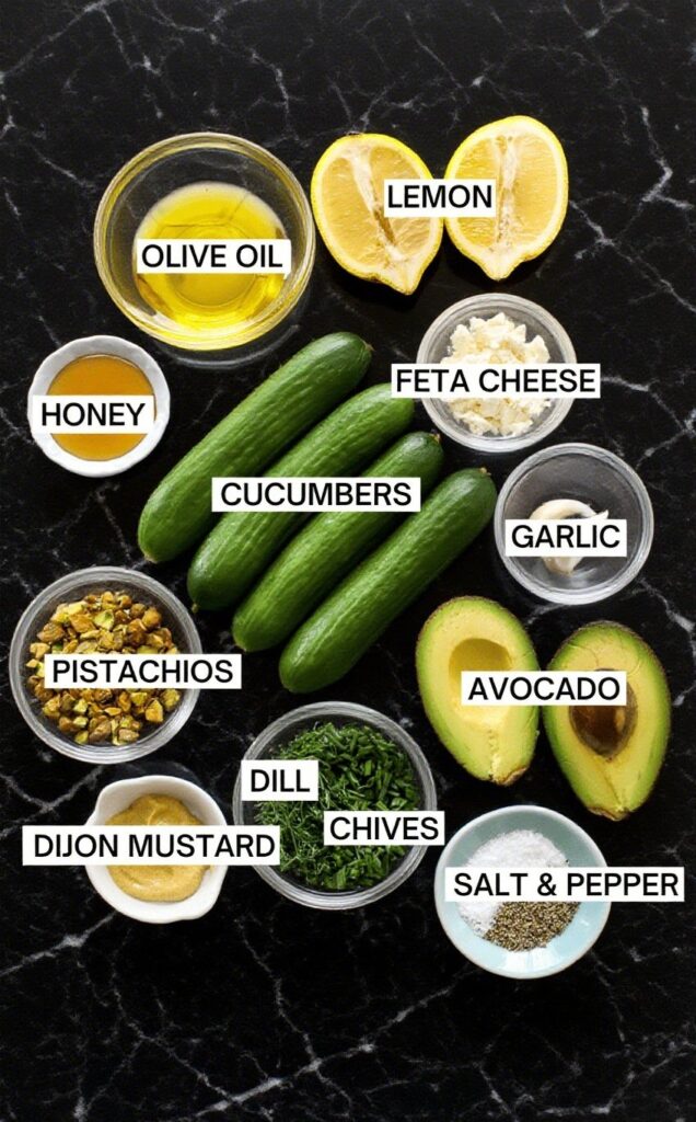 Fresh ingredients for smashed cucumber salad including cucumbers, avocado, feta, pistachios, and herbs