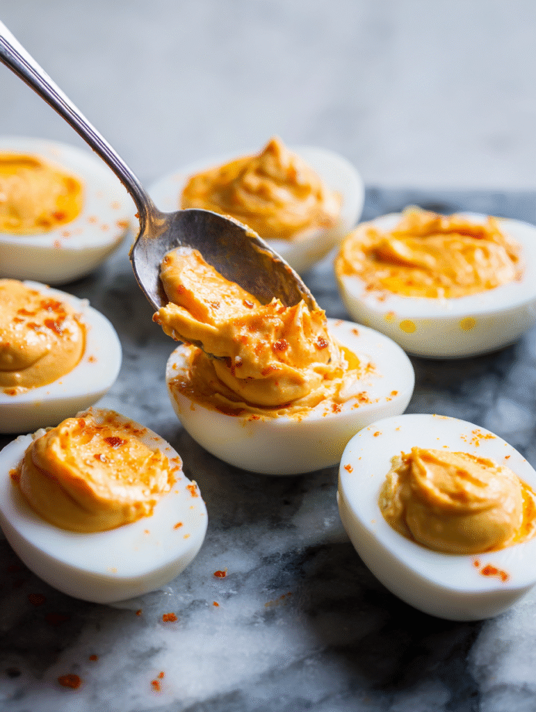 Spicy Chili Garlic Deviled Eggs