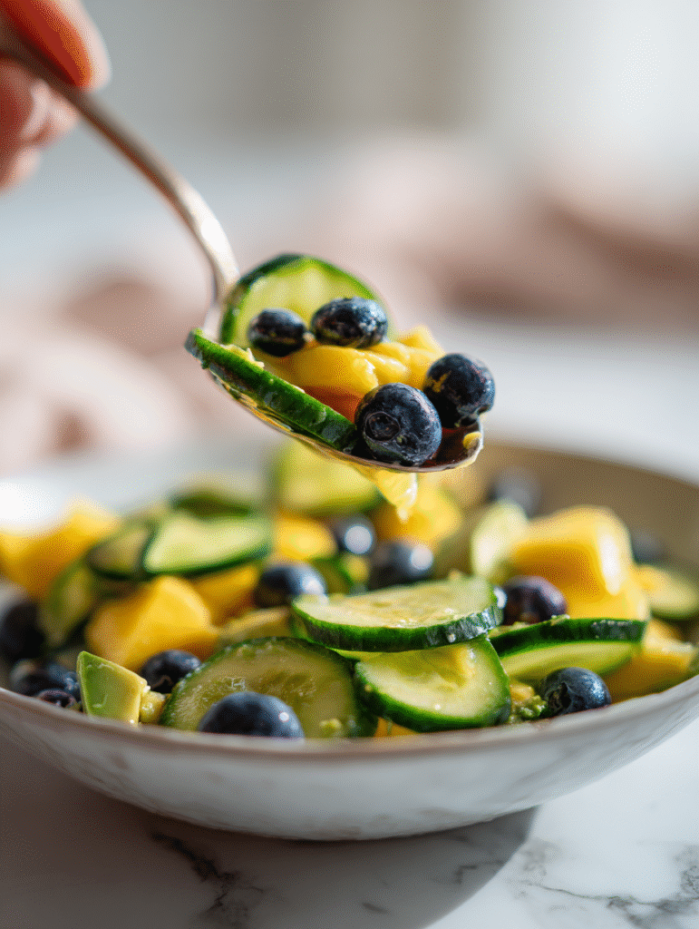 Spoonful of mango cucumber salad with blueberries and avocado