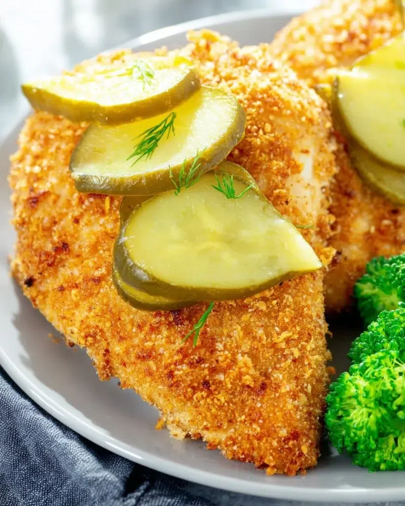 The preparation steps of Crispy Dill Pickle Parmesan Chicken